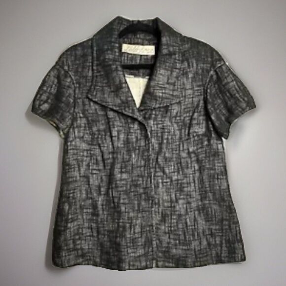 Lela Rose Linen Blazer‎ 6 Mod Semi-Cropped Luxury Black Beige Short Puff Sleeve - Picture 1 of 10